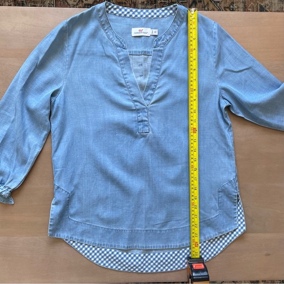 Vineyard Vines Chambray Blouse with Tie Sleeves and Checkered Trim - Picture 5 of 6